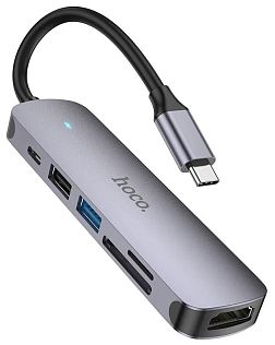 Хаб 6 в 1 HOCO HB28, USB 2.0, 1 USB 3.0, Type-C, Card Reader SD, Micro SD, HDMI, серый металл