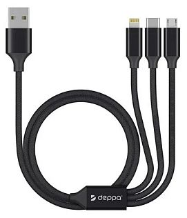 Кабель Deppa 3 in 1 USB - microUSB/USB Type-C/Lightning, черный (RU)