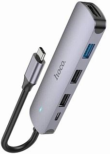 HUB адаптер HOCO HB27 5 in 1, USB-C + 2 x USB2.0 + USB3.0 + HDMI, серый